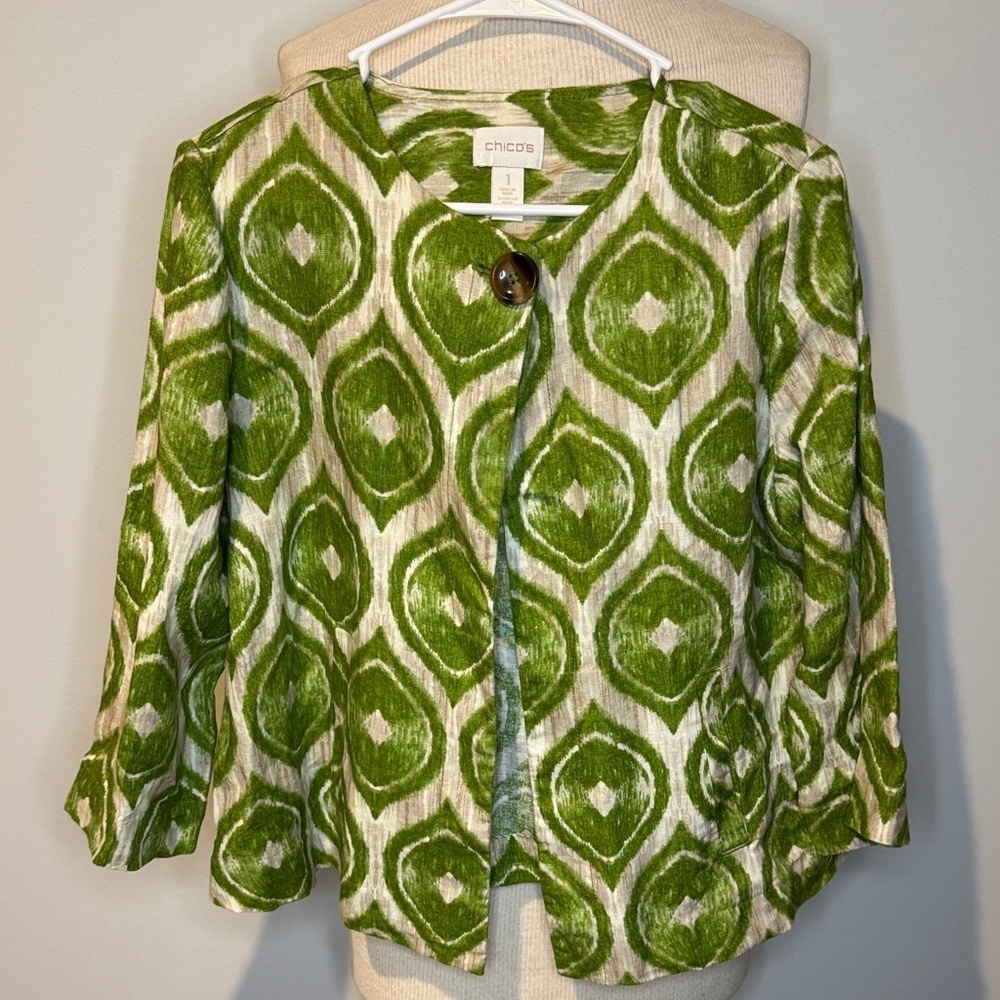 Chico's Green and Cream Leaf Print Jacket 100%linen